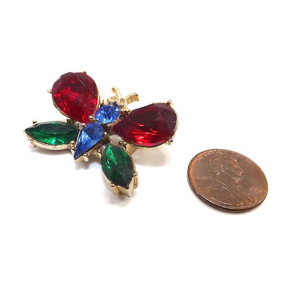 1940s Coro Butterfly Brooch Red Green Blue Rhinestone Gold Tone Vintage Jewelry - Picture 3 of 10